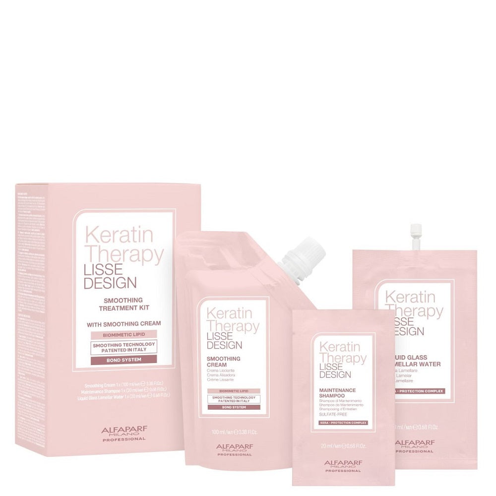 Alfaparf Milano Keratin Therapy Smoothing Treatment Kit - Smoothing Cream 100ml + Maintenance Shampoo 20ml + Liquid Glass Lamellar Water 20ml