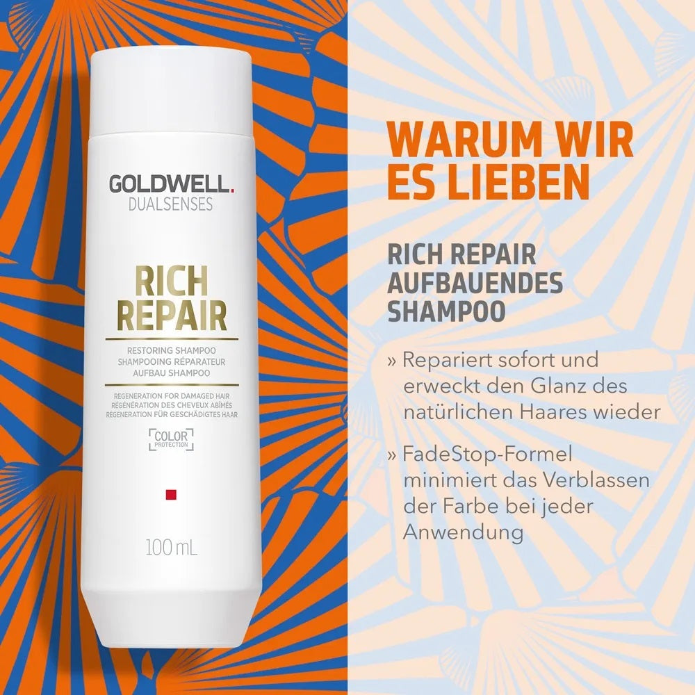 Coffret de voyage Goldwell Dualsenses Rich Repair - Shampoing 100 ml + Soin 50 ml + Huile Lissante 50 ml + trousse de maquillage offerte