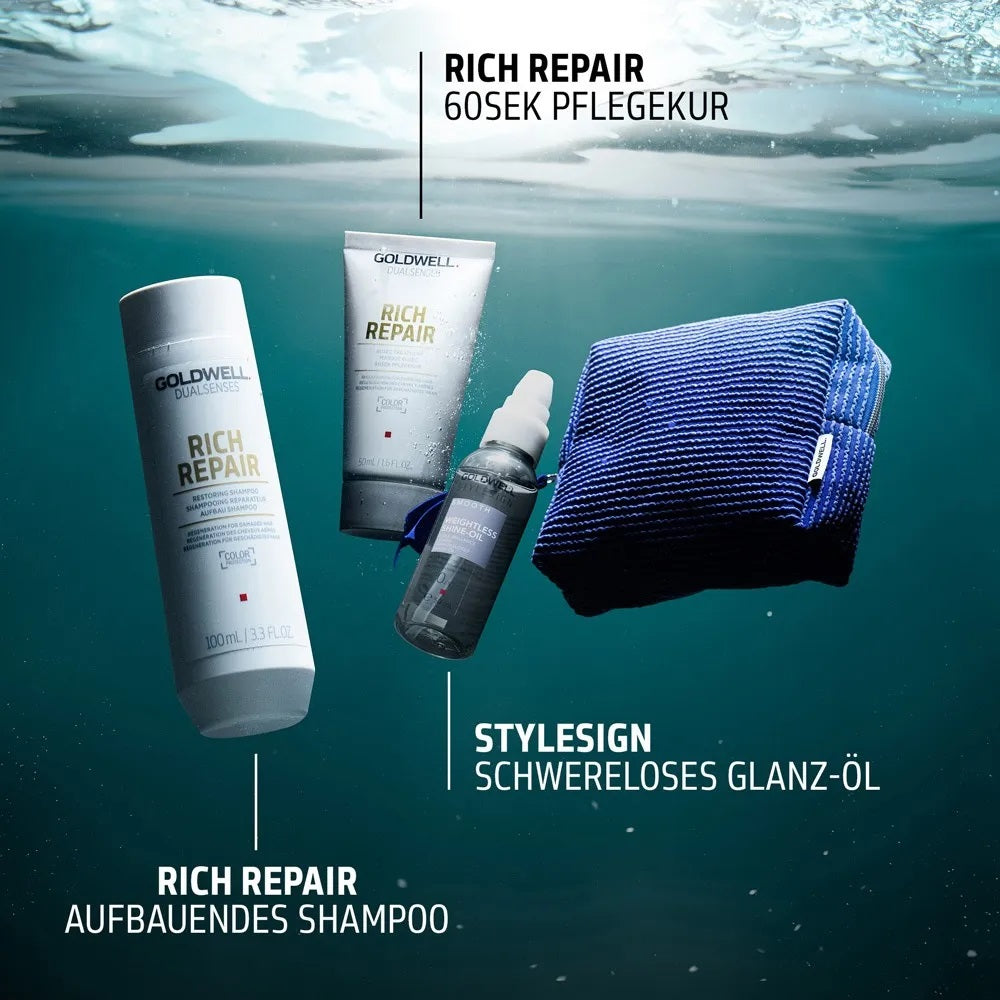 Coffret de voyage Goldwell Dualsenses Rich Repair - Shampoing 100 ml + Soin 50 ml + Huile Lissante 50 ml + trousse de maquillage offerte