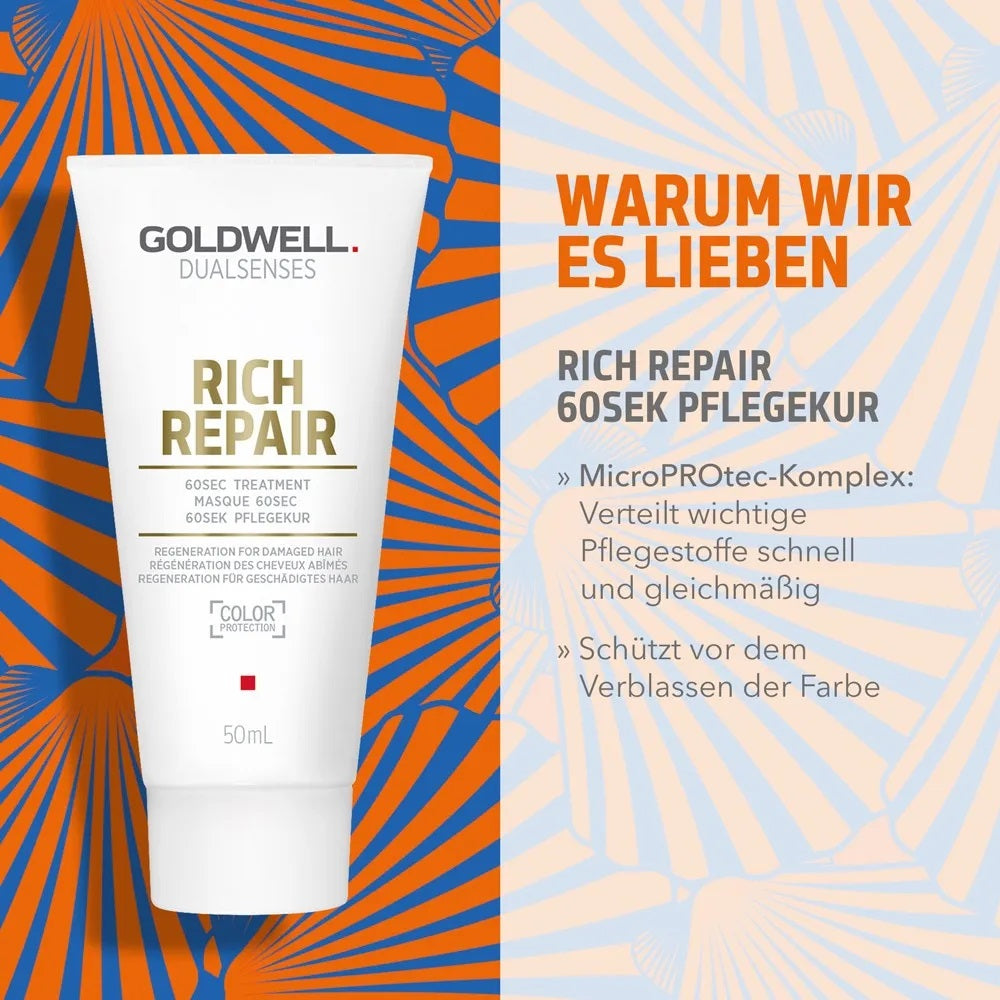 Coffret de voyage Goldwell Dualsenses Rich Repair - Shampoing 100 ml + Soin 50 ml + Huile Lissante 50 ml + trousse de maquillage offerte