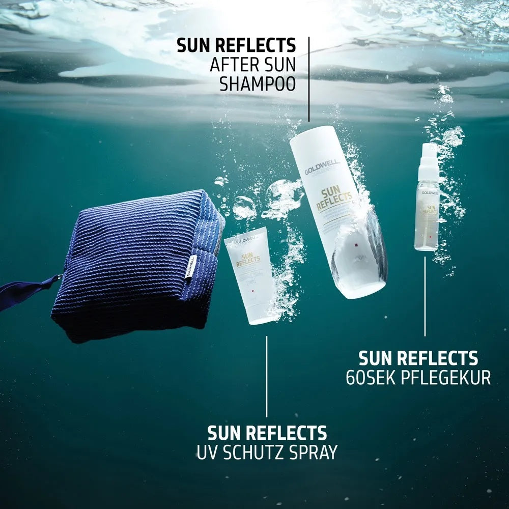 Coffret de voyage Goldwell Dualsenses Sun Reflects : shampoing 100 ml, soin 50 ml, spray protecteur UV 30 ml
