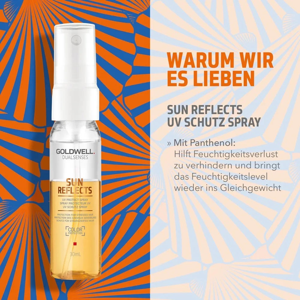 Coffret de voyage Goldwell Dualsenses Sun Reflects : shampoing 100 ml, soin 50 ml, spray protecteur UV 30 ml