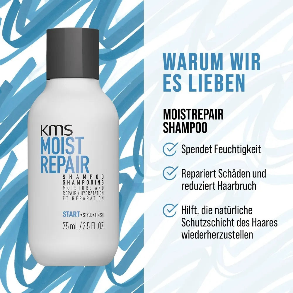 Coffret de voyage KMS Moistrepair : shampoing 75 ml, après-shampoing 75 ml, spray au sel marin 75 ml et trousse de maquillage