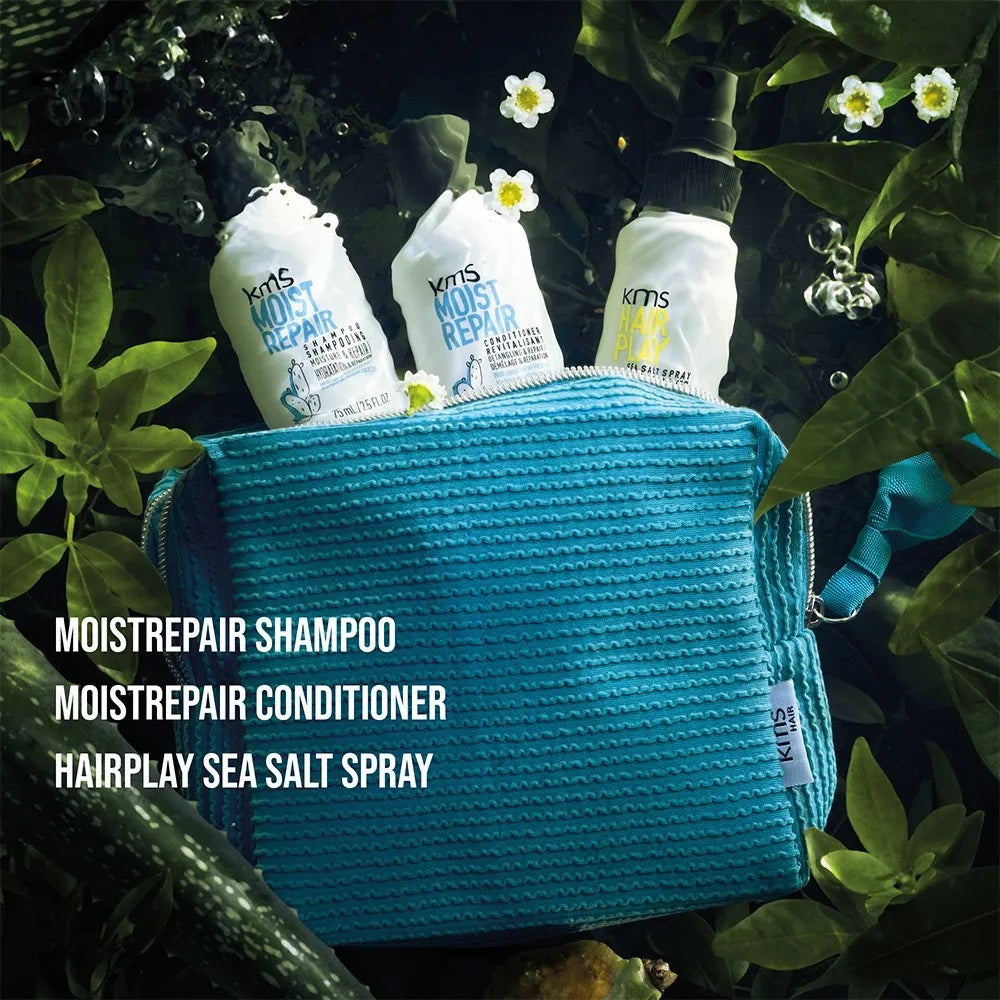 Coffret de voyage KMS Moistrepair : shampoing 75 ml, après-shampoing 75 ml, spray au sel marin 75 ml et trousse de maquillage
