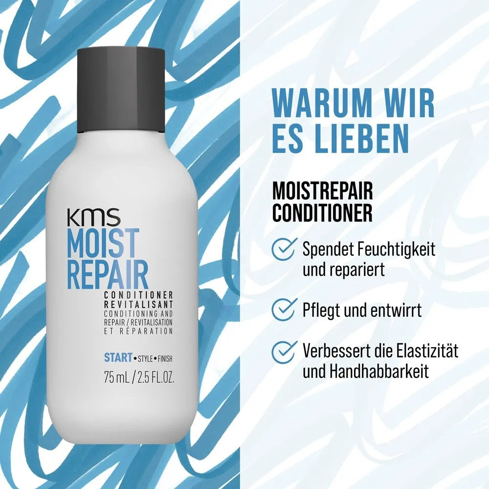 Coffret de voyage KMS Moistrepair : shampoing 75 ml, après-shampoing 75 ml, spray au sel marin 75 ml et trousse de maquillage