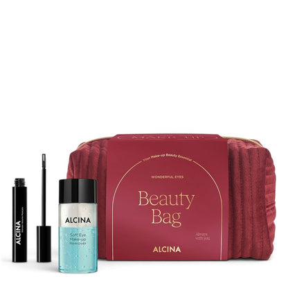 Alcina Geschenkset Wonderful Eyes – Wonder Volume Mascara 8 ml + Soft Eye Make-up Remover 100 ml + Tasche