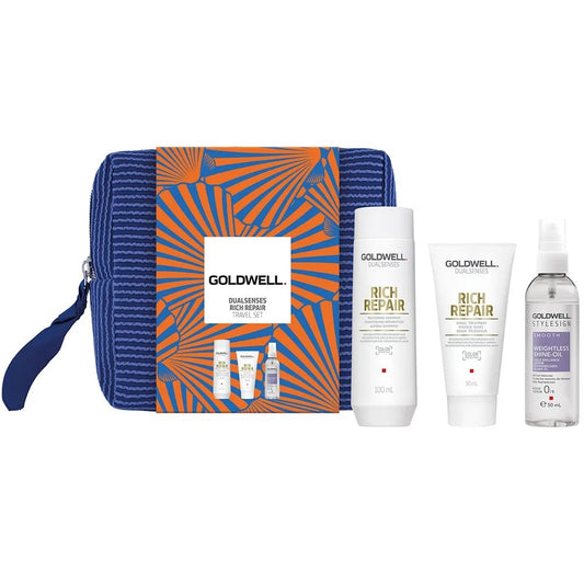 Goldwell Dualsenses Rich Repair Travel Set - Shampoo 100 ml + Treatment 50ml + Smooth Oil 50 ml + Kosmetiktasche gratis