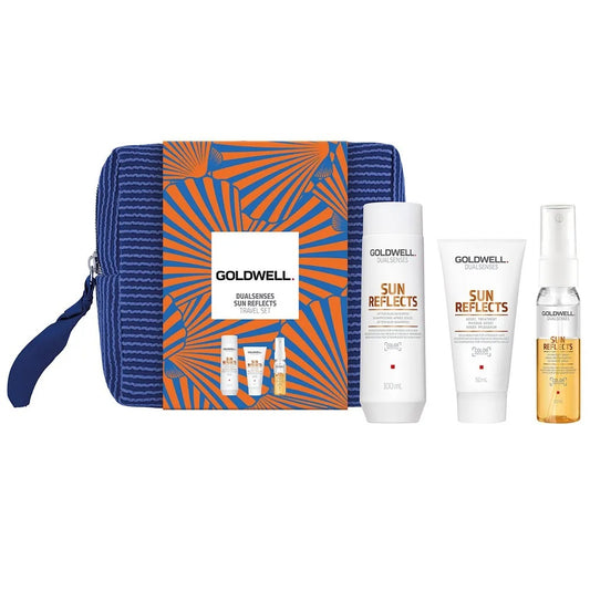 Coffret de voyage Goldwell Dualsenses Sun Reflects : shampoing 100 ml, soin 50 ml, spray protecteur UV 30 ml