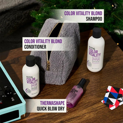 KMS Colorvitality Blonde Geschenkset - Shampoo 300 ml + Conditioner 250 ml + Quick Blow Dry 75 ml + Kosmetiktasche