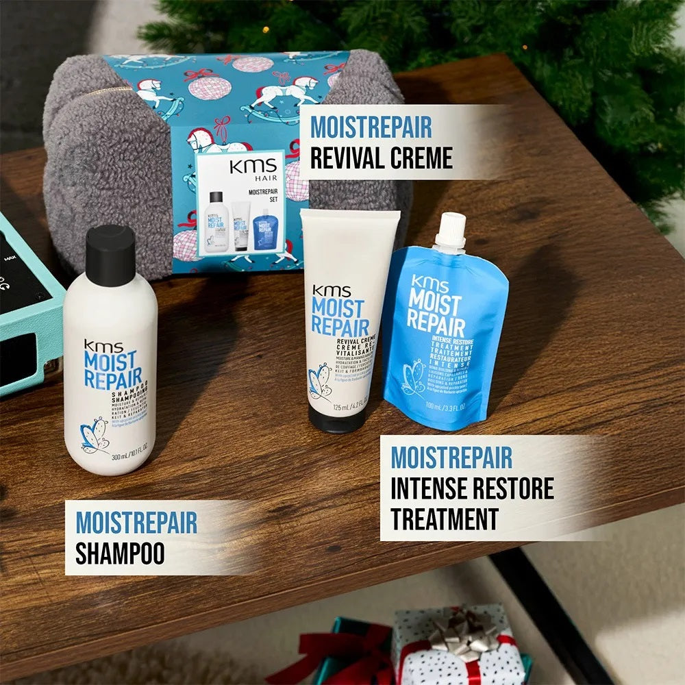 KMS Moistrepair Geschenkset - Shampoo 300 ml + Treatment 100 ml + Revival Cream 125 ml + Kosmetiktasche