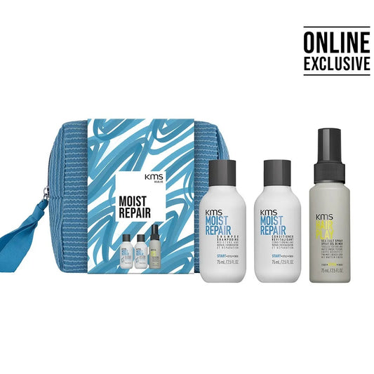 Coffret de voyage KMS Moistrepair : shampoing 75 ml, après-shampoing 75 ml, spray au sel marin 75 ml et trousse de maquillage