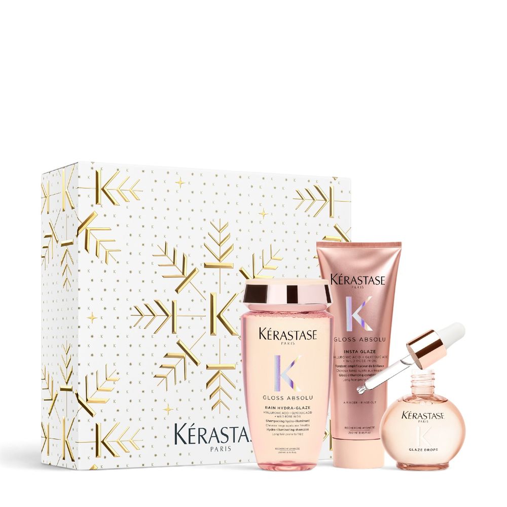 Kérastase Gloss Absolu Trio Holiday Set – Bain Hydra-Glaze 250 ml + Fondant Insta Glaze 250 ml + Glaze Drops 45 ml