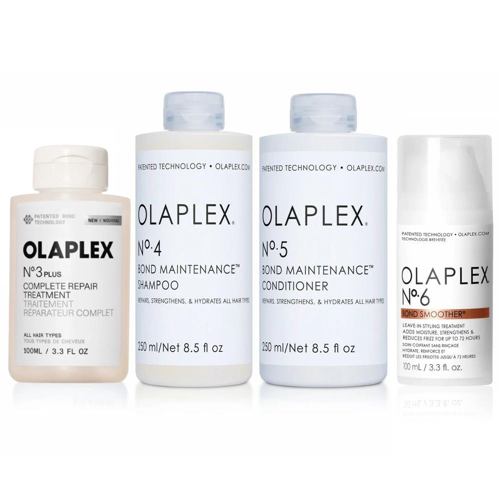 Ensemble Olaplex - Perfecteur de cheveux No. 3 + Shampoing n° 4 + Conditionneur No. 5 + Bond Lisseur No. 6 
