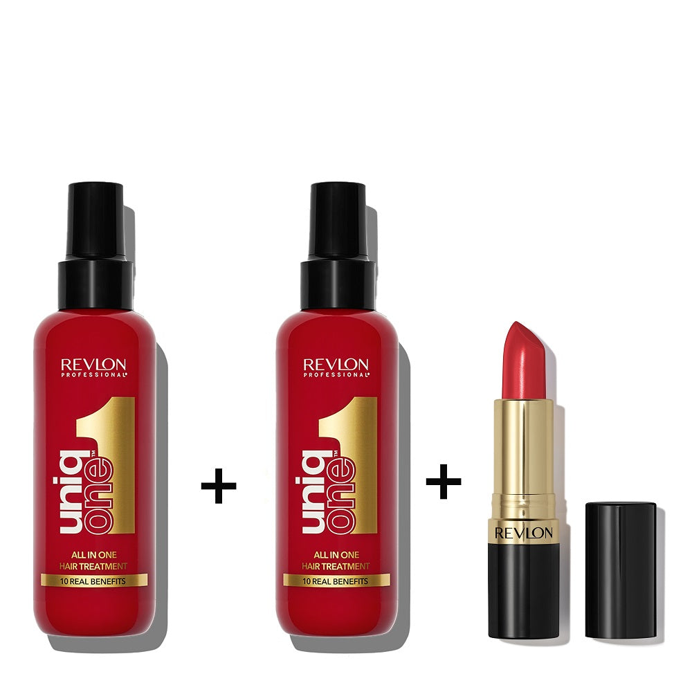 Revlon Uniq One Geschenkset – 2 × Hair Treatment 150 ml + Lippenstift Rot