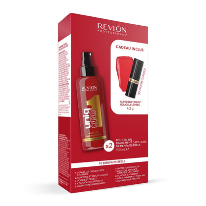 Revlon Uniq One Geschenkset – 2 × Hair Treatment 150 ml + Lippenstift Rot