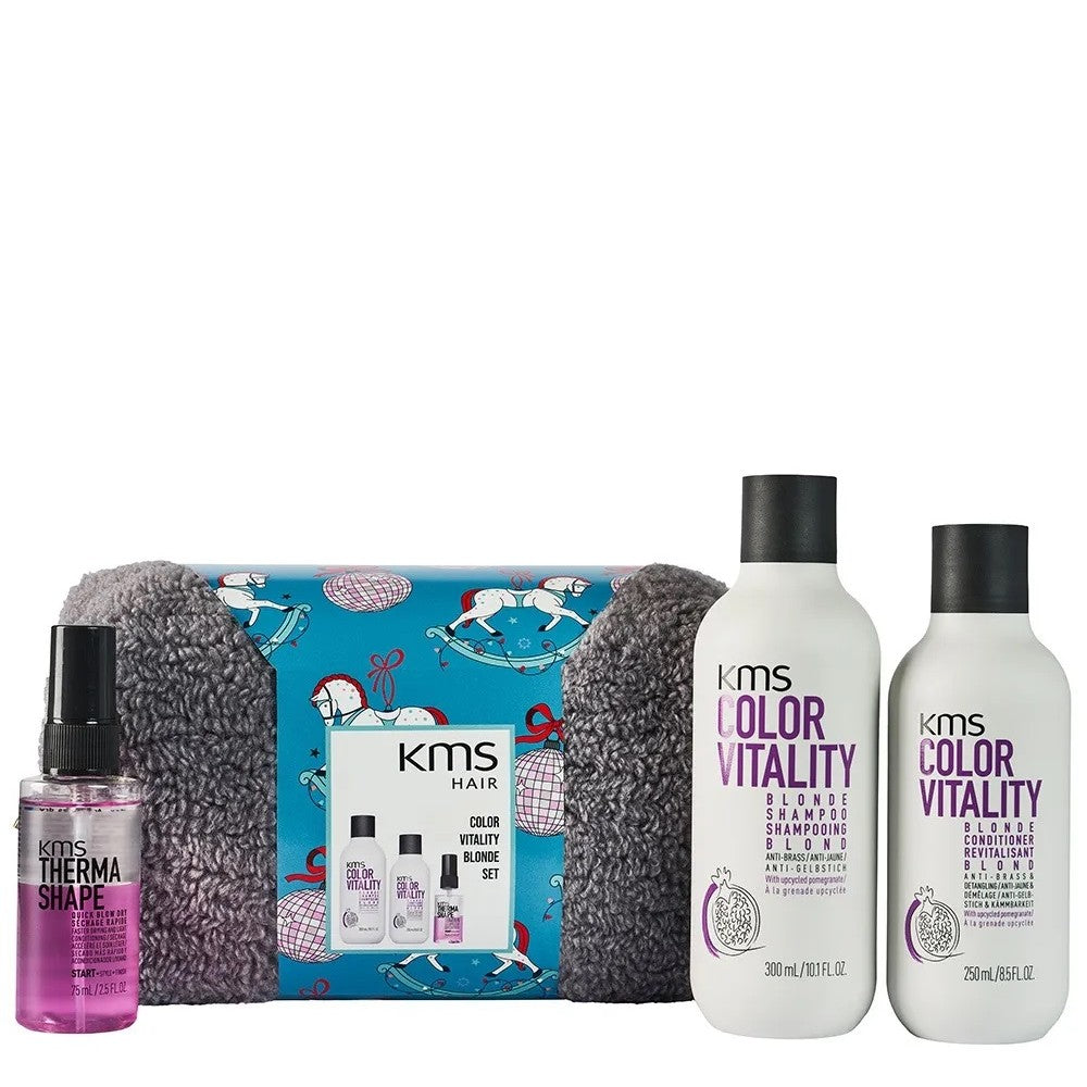 KMS Colorvitality Blonde Geschenkset - Shampoo 300 ml + Conditioner 250 ml + Quick Blow Dry 75 ml + Kosmetiktasche